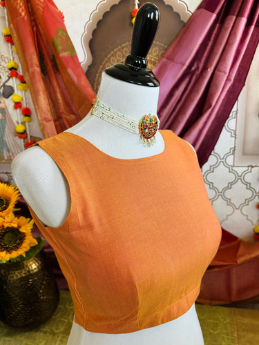Ready To Wear Saree Blouse | Handwoven Cotton | Size 34 | Orange | Boat Neck | Free Shipping | Ships from California